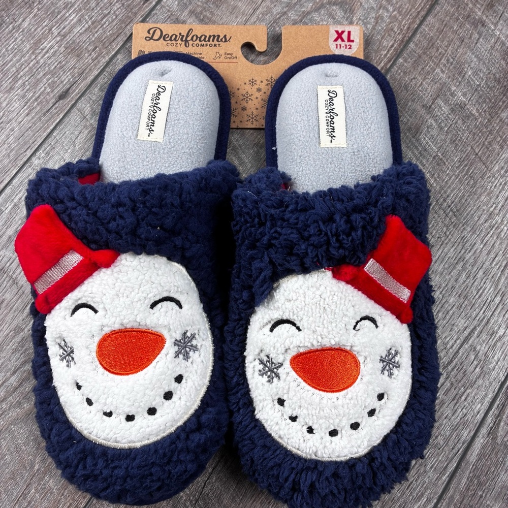 Dearfoams Festive Snowman Slippers - Navy and White